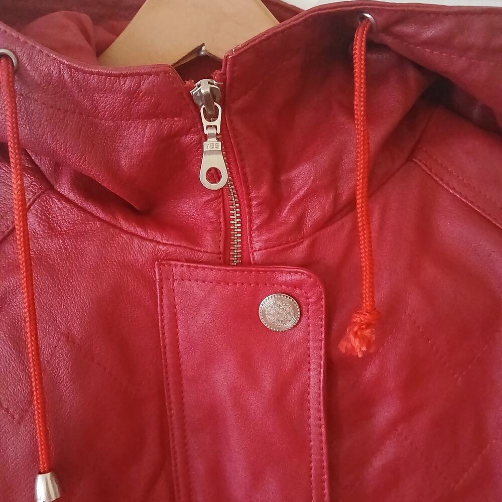 Fashion Elements Coat Women XL Red 100% Leather Casual Hooded Motorcycle 90's - Picture 4 of 16
